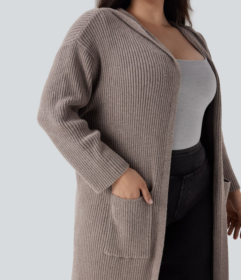 Cardigan long casual à capuche avec poches latérales et fentes grande taille manches longues