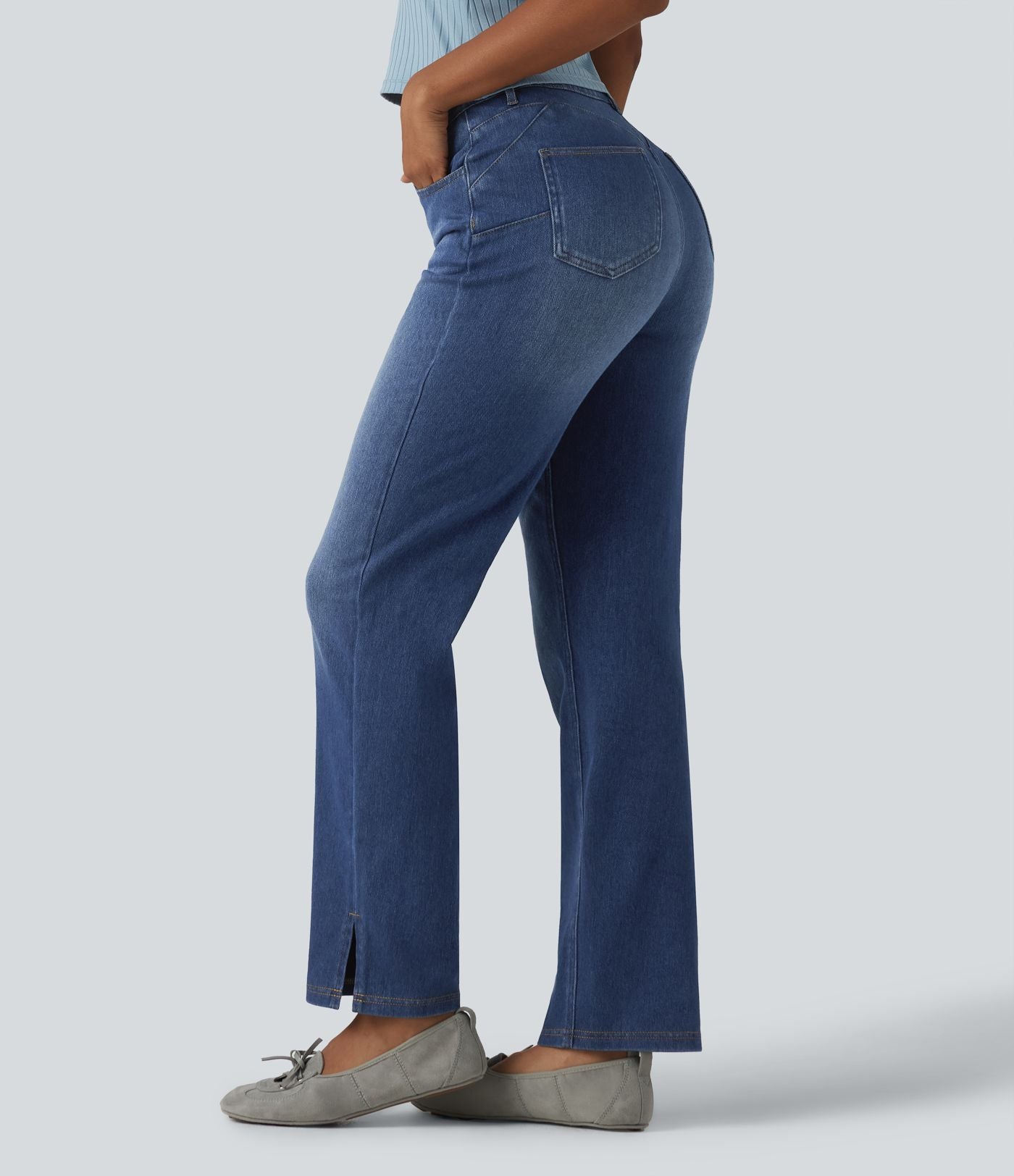 Jean droit décontracté Halara Flex™ galbe taille haute avec fente et poches