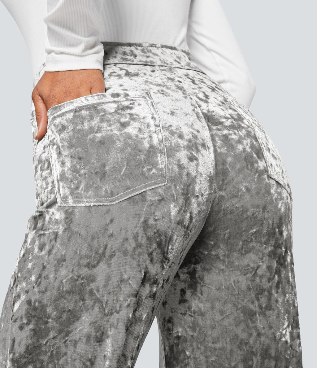 Pantalon en Velours Taille Haute avec Bouton Multipoches Droites