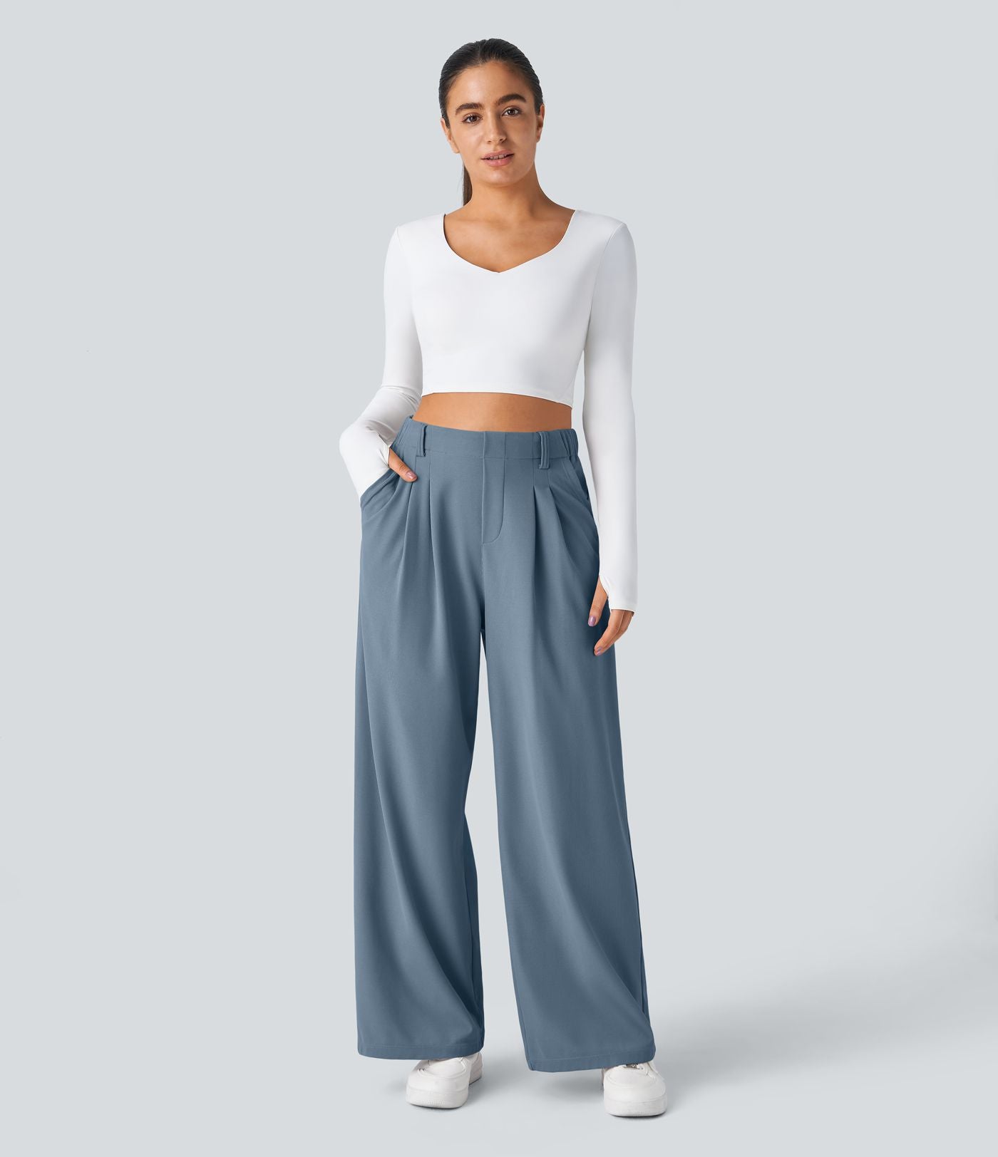 Pantalon Tailleur Large Fluide Halara Flex™ Gaufré Taille Haute Poches Latérales