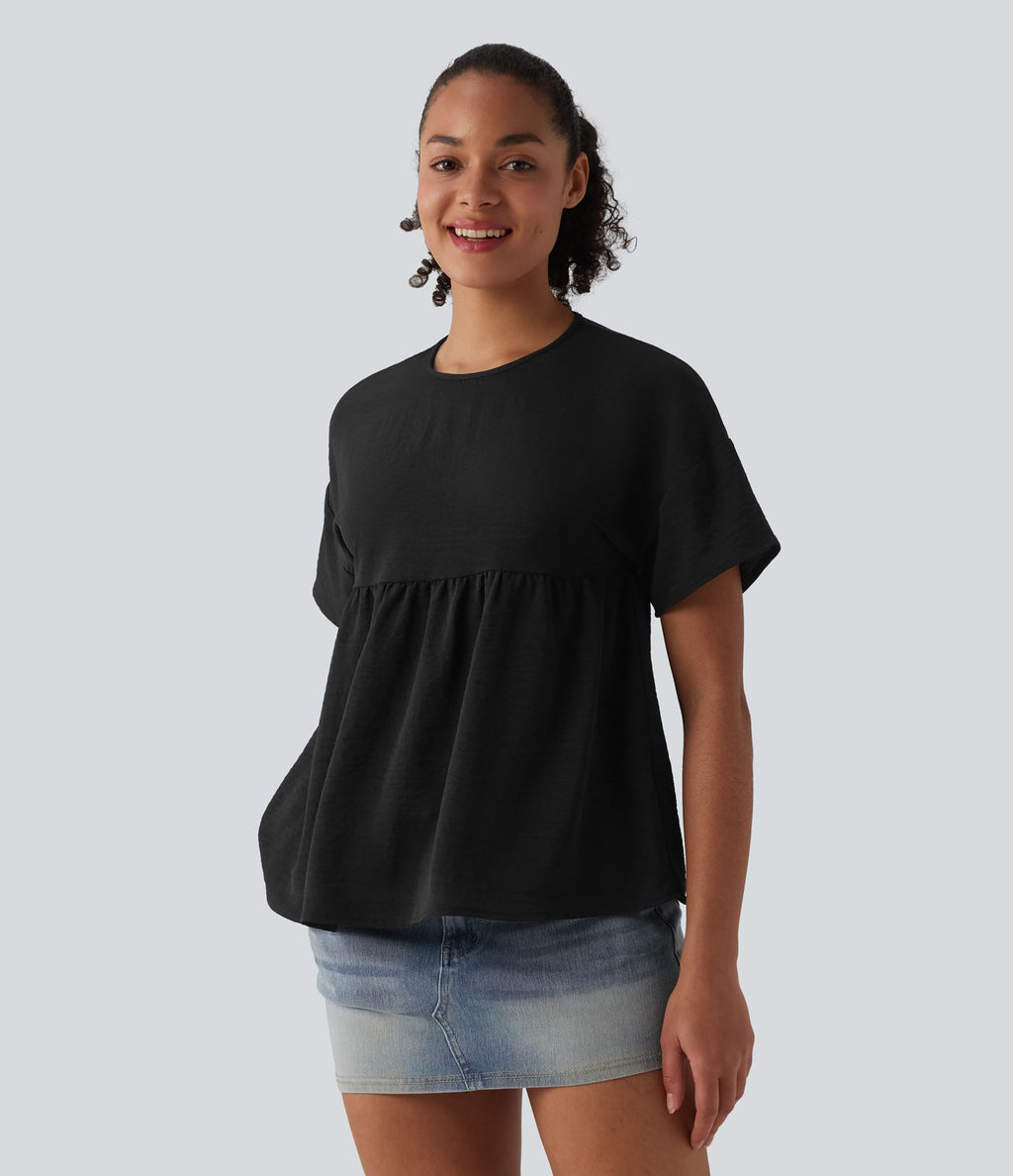 T-shirt décontracté col rond manches courtes ourlet à volants aspect lin