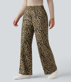 Pantalon léopard ample décontracté velours côtelé imprimé taille haute avec poches