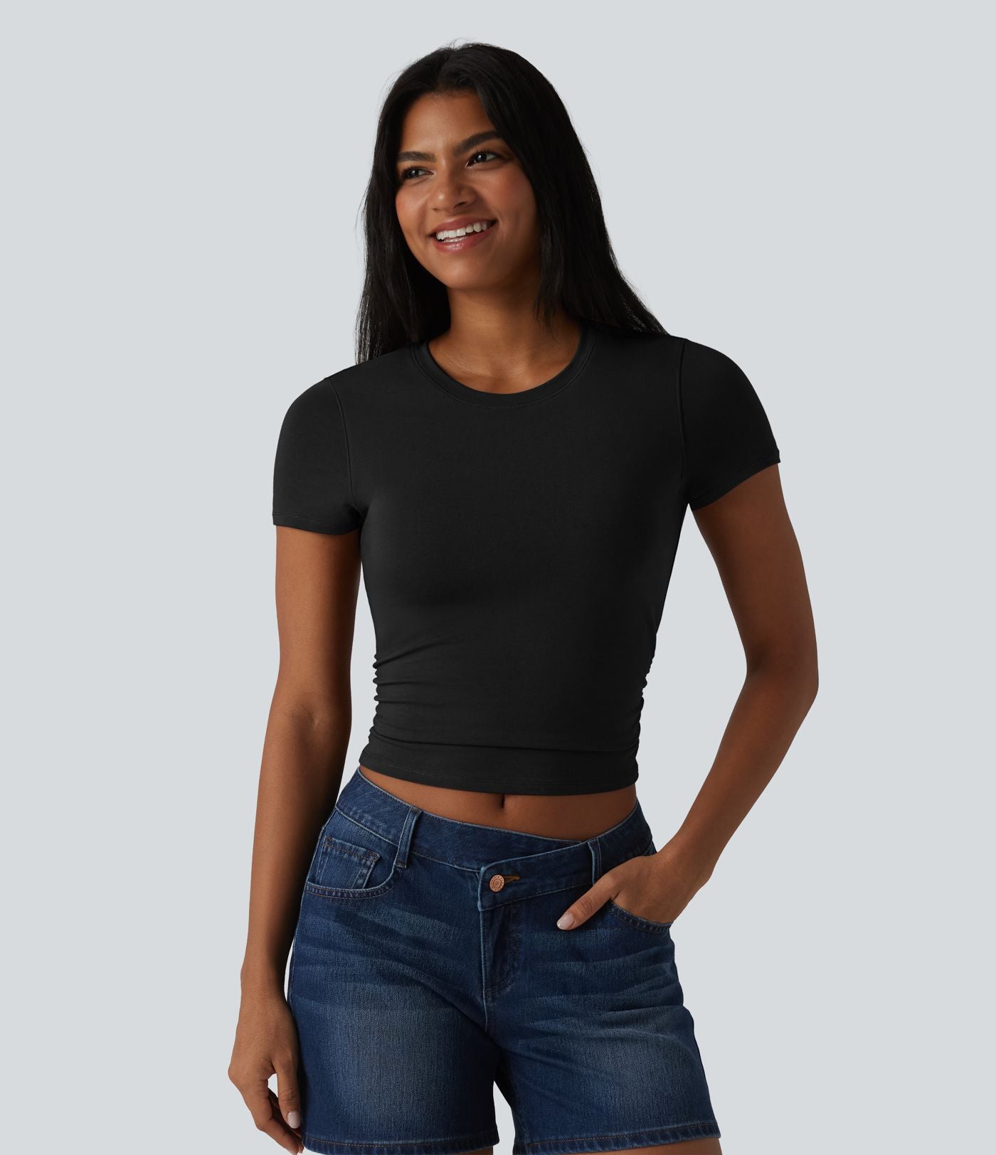 T-shirt casual Halara en jersey de coton col rond à manches courtes froncé avec brassière intégrée