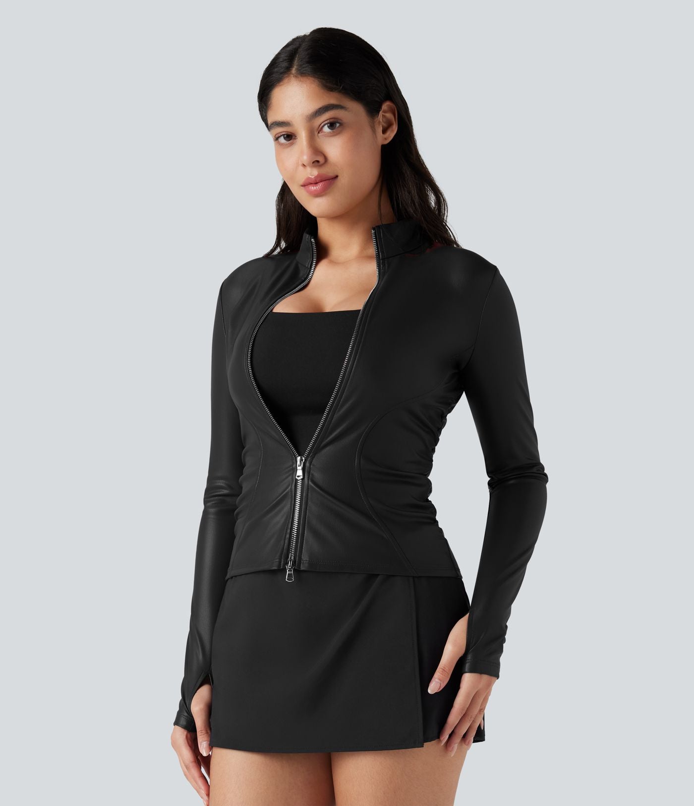 Veste décontractée en tissu enduit molleton col officier manches longues à trous pouces