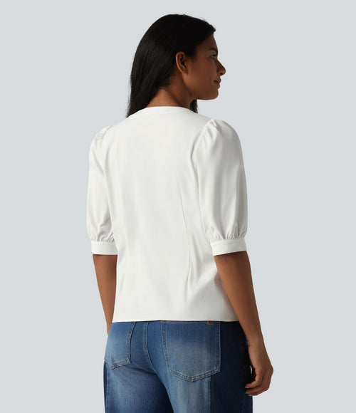 Blouse décontractée col Henley manches bouffantes mi-longues