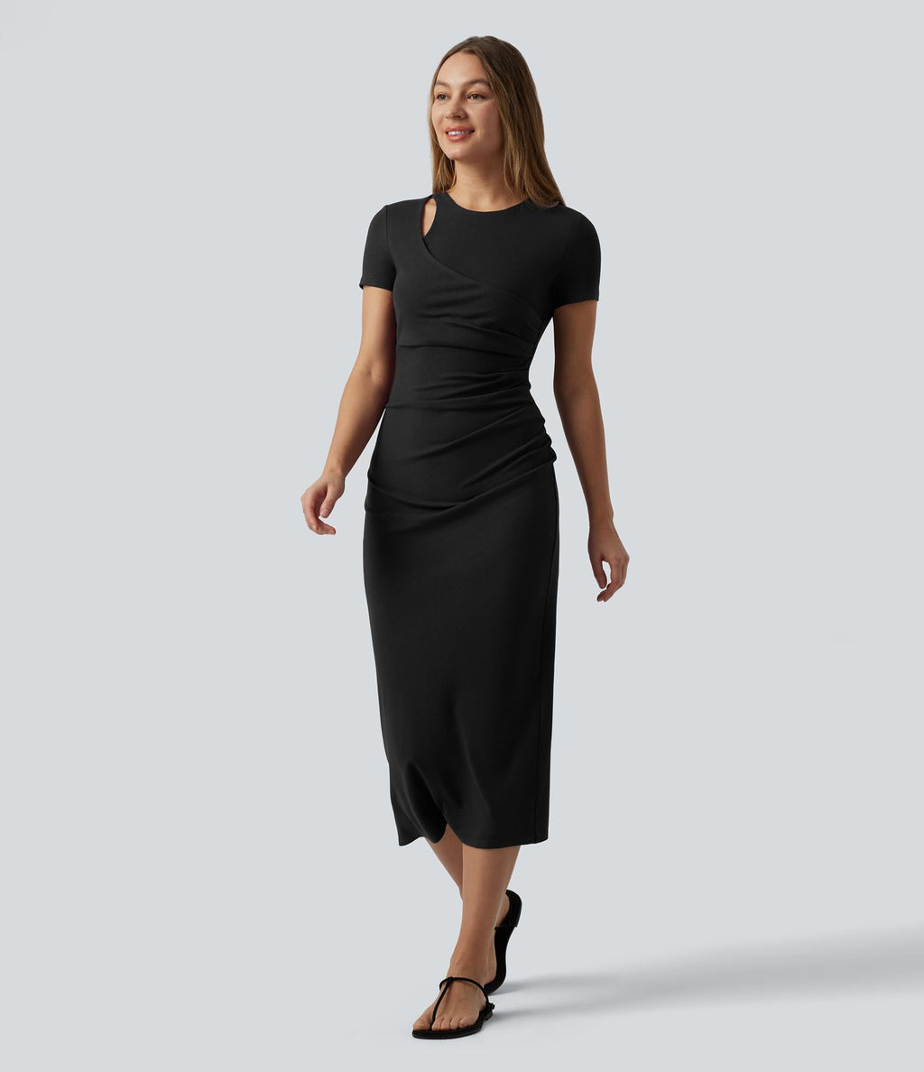 Robe midi col rond manches courtes avec découpes et fronces
