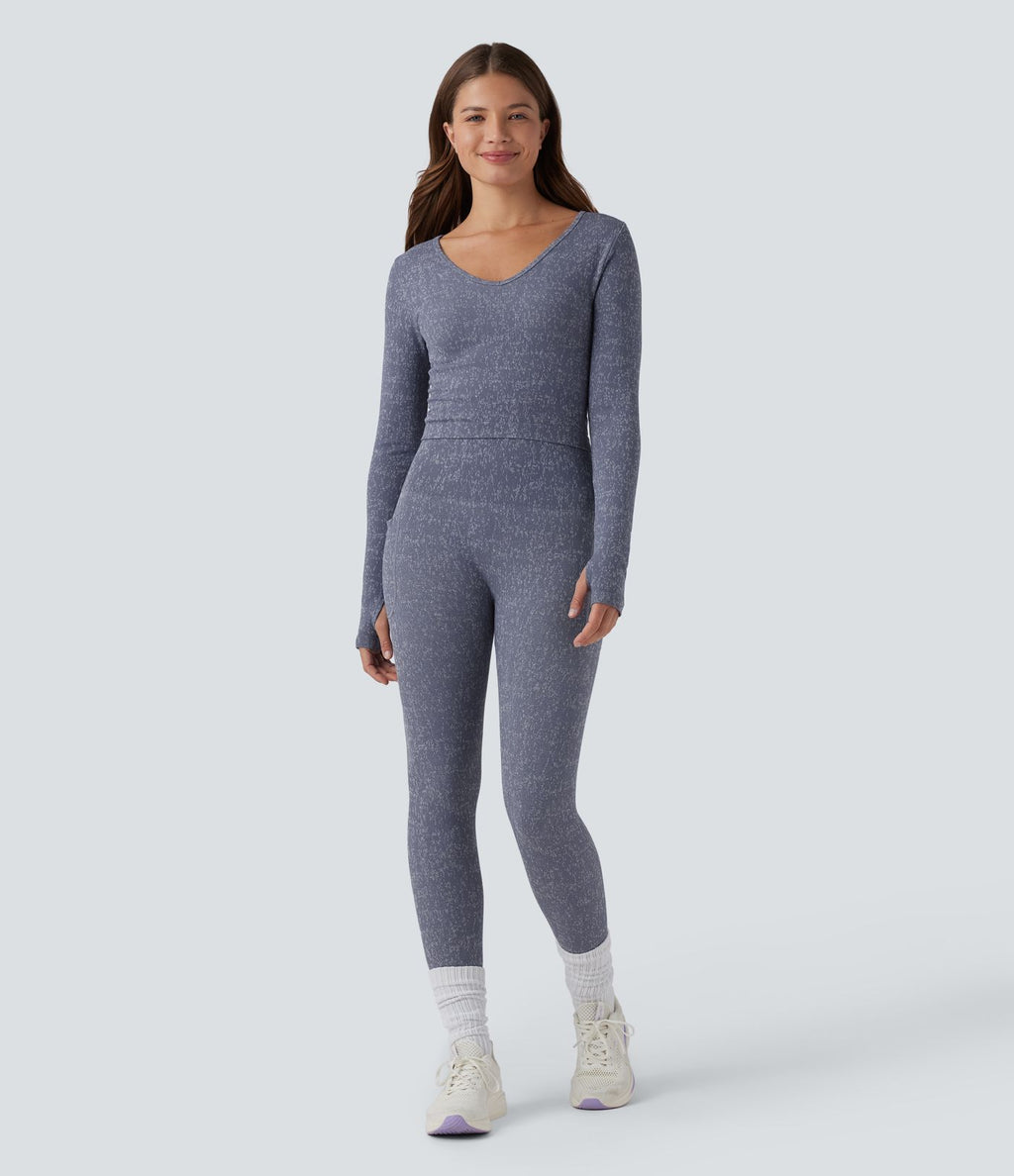 Top de sport yoga court OneForm Seamless Flow col V à manches longues avec passage de pouce