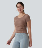 T-shirt casual ajusté côtelé col bateau manches courtes avec fronces et brassière intégrée