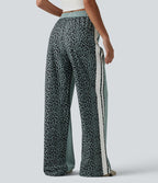 Pantalon ample décontracté taille mi-haute avec cordon de serrage color block rayures léopard contrastant avec poches