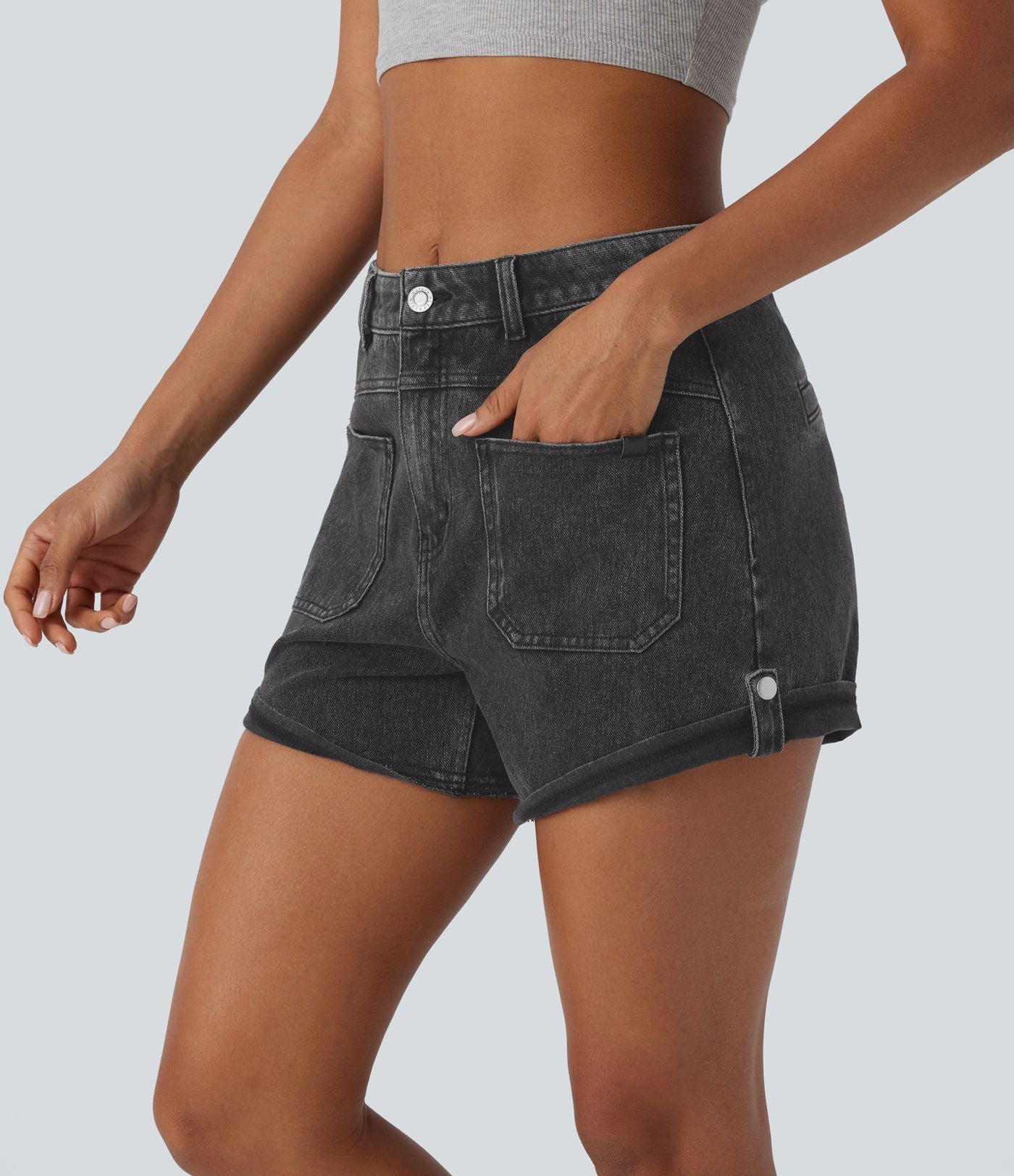 Short décontracté en jean extensible délavé Halara Flex™ taille moyenne avec revers et poches avant