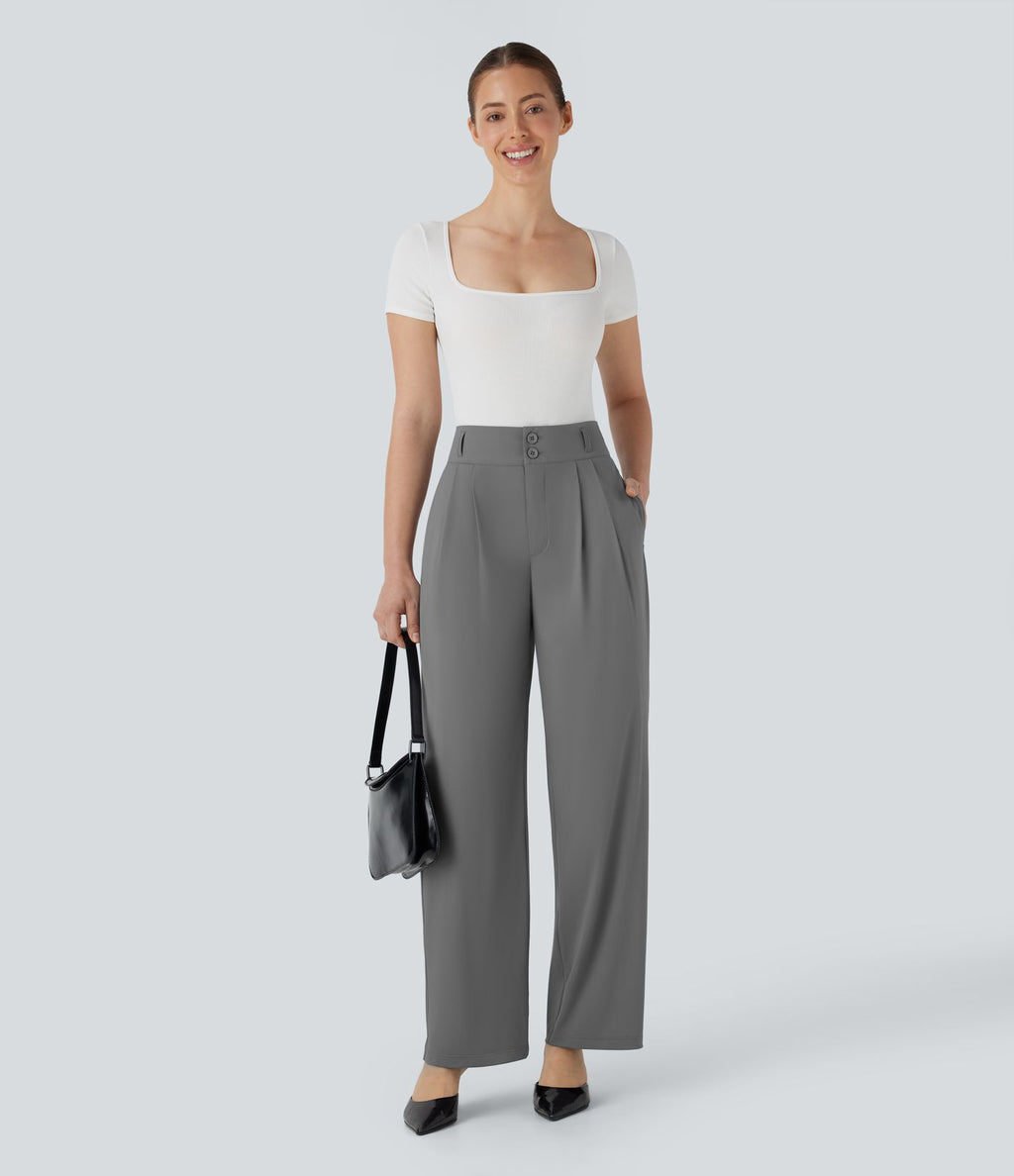 Pantalon de travail à taille haute avec boutons, fermeture éclair, poches latérales, fronces, jambe droite et effet frais InstantCool