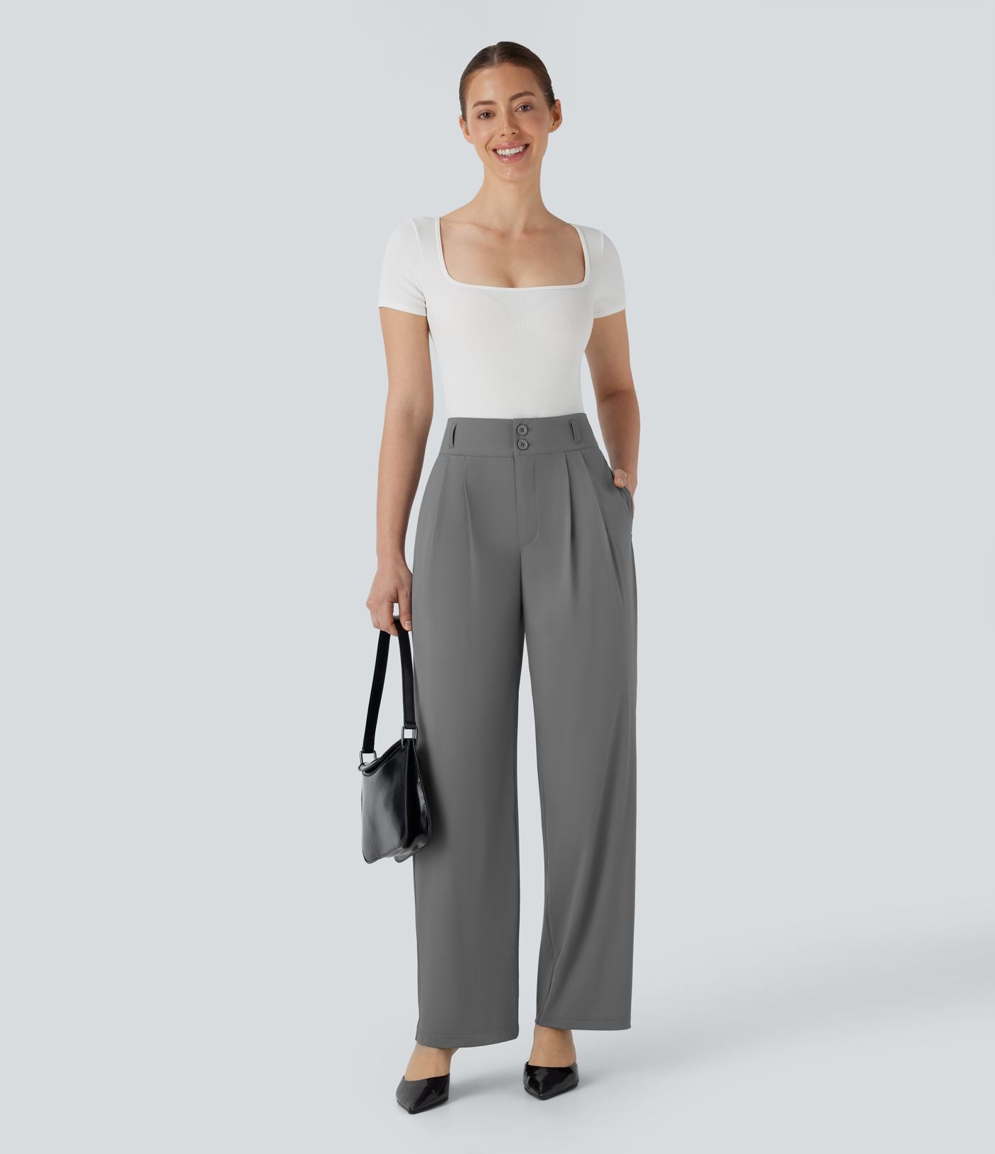 Pantalon de travail à taille haute avec boutons, fermeture éclair, poches latérales, fronces, jambe droite et effet frais InstantCool