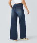 Halara Flex™ Jean Large Casual Taille Haute Poches Multiples Tricot Extensible Délavé