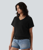 Pull casual col V manches courtes mélange laine