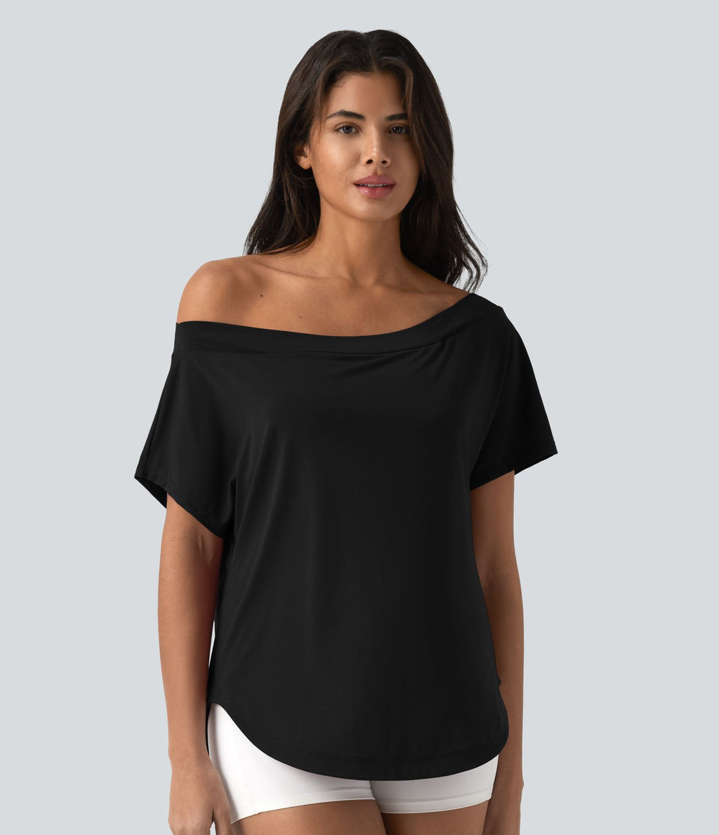 Top de sport yoga asymétrique à épaule dénudée manches courtes ourlet arrondi et coupe asymétrique à séchage rapide – Soutien-gorge intégré
