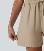 Short décontracté ample en lin mélangé taille haute avec cordon de serrage, 12,5 cm, et poches