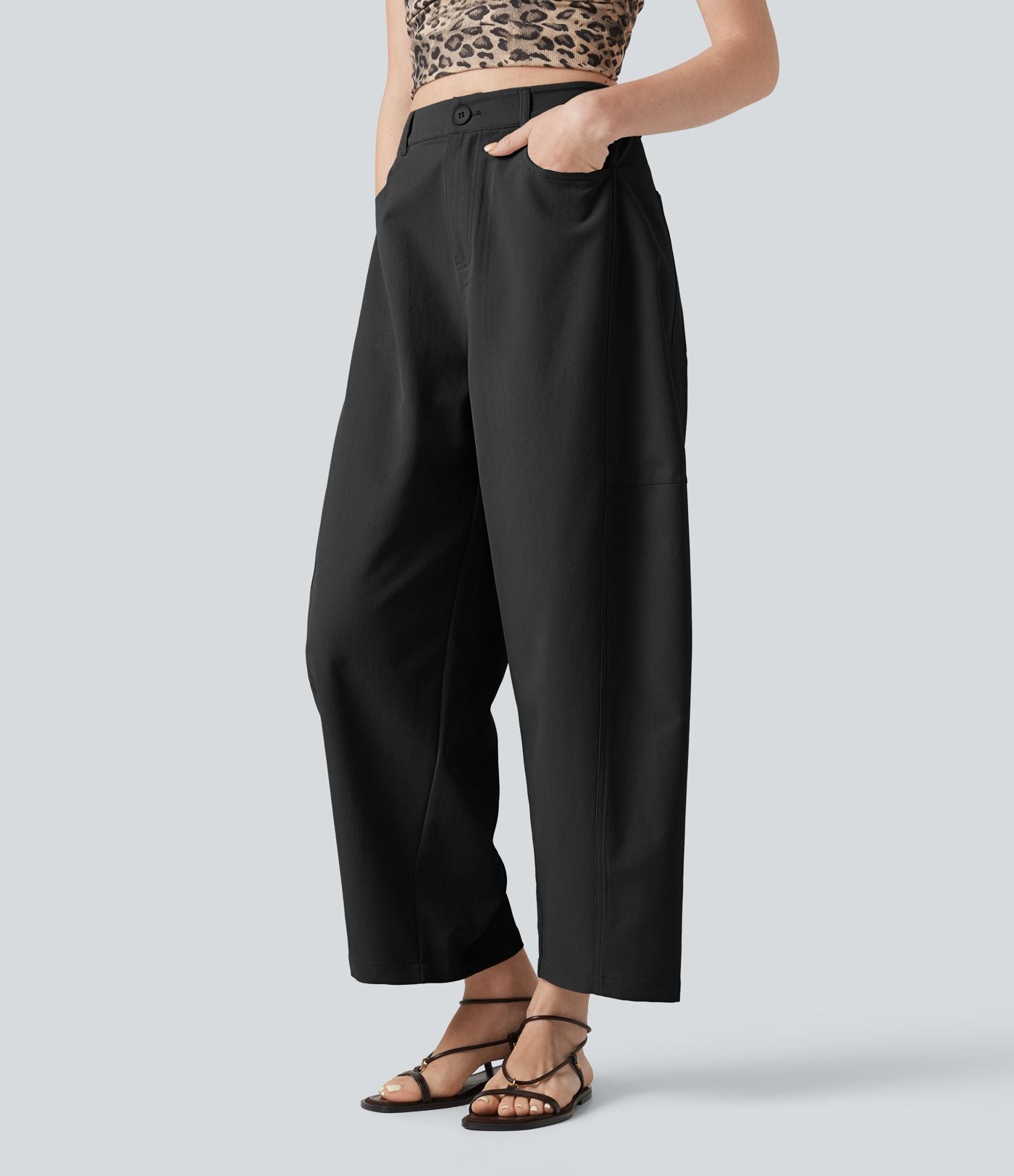 Pantalon décontracté coupe barrel taille haute avec poches