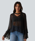 Chemise casual transparente col V manches longues à volants
