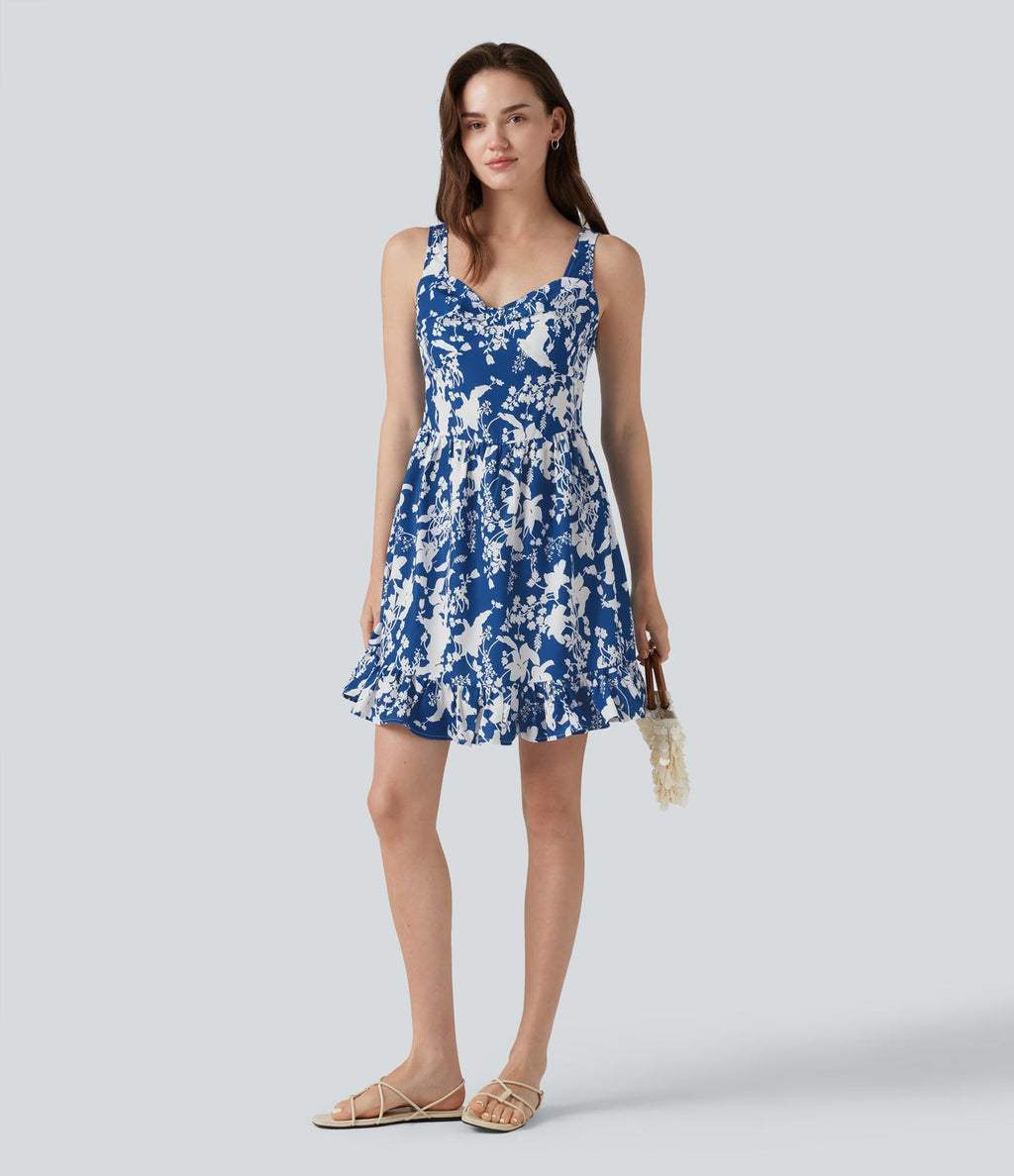 Robe mini sans manches à encolure cœur et laçage imprimé floral
