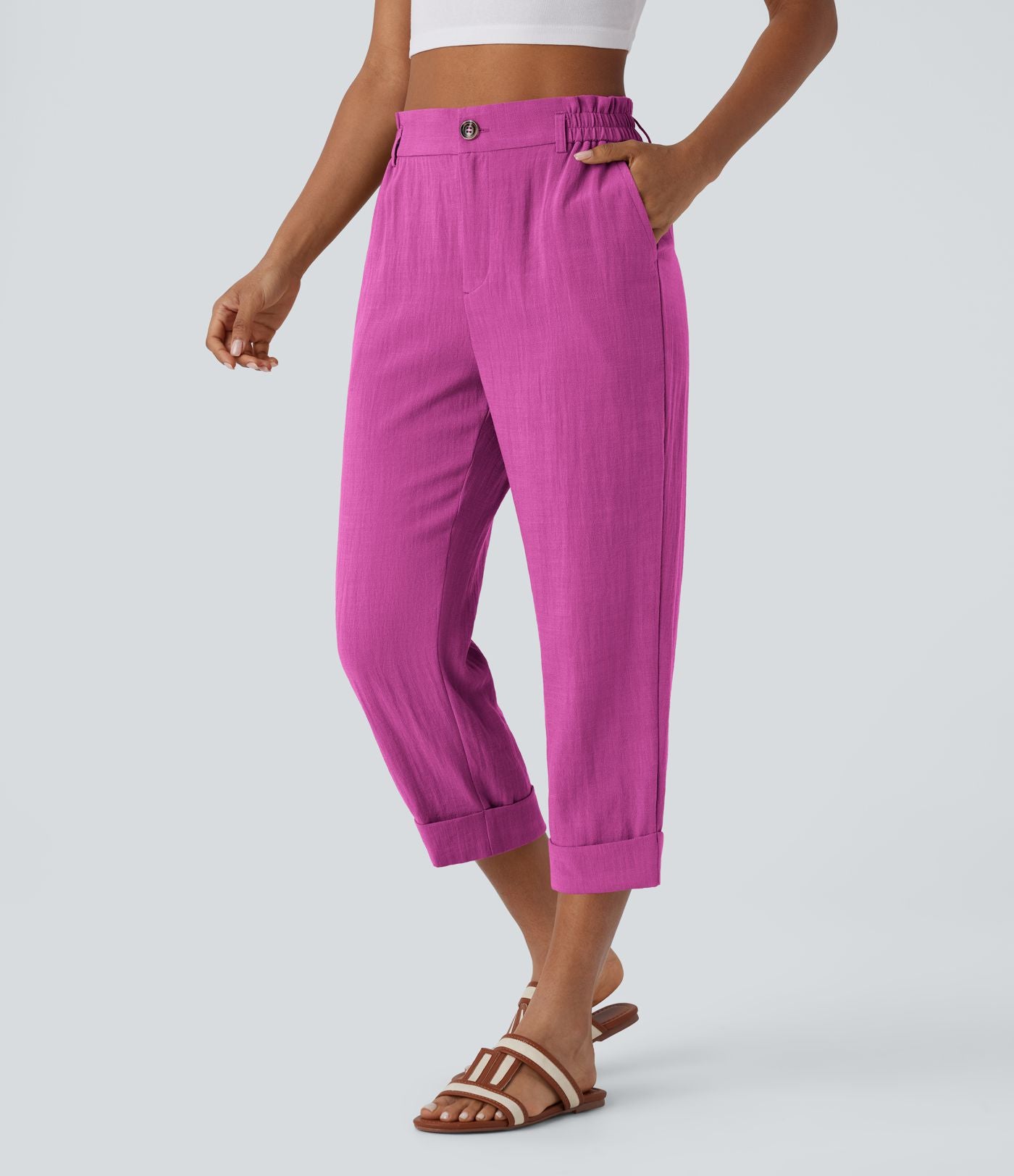 Pantalon capri effet lin taille haute avec poches zippées