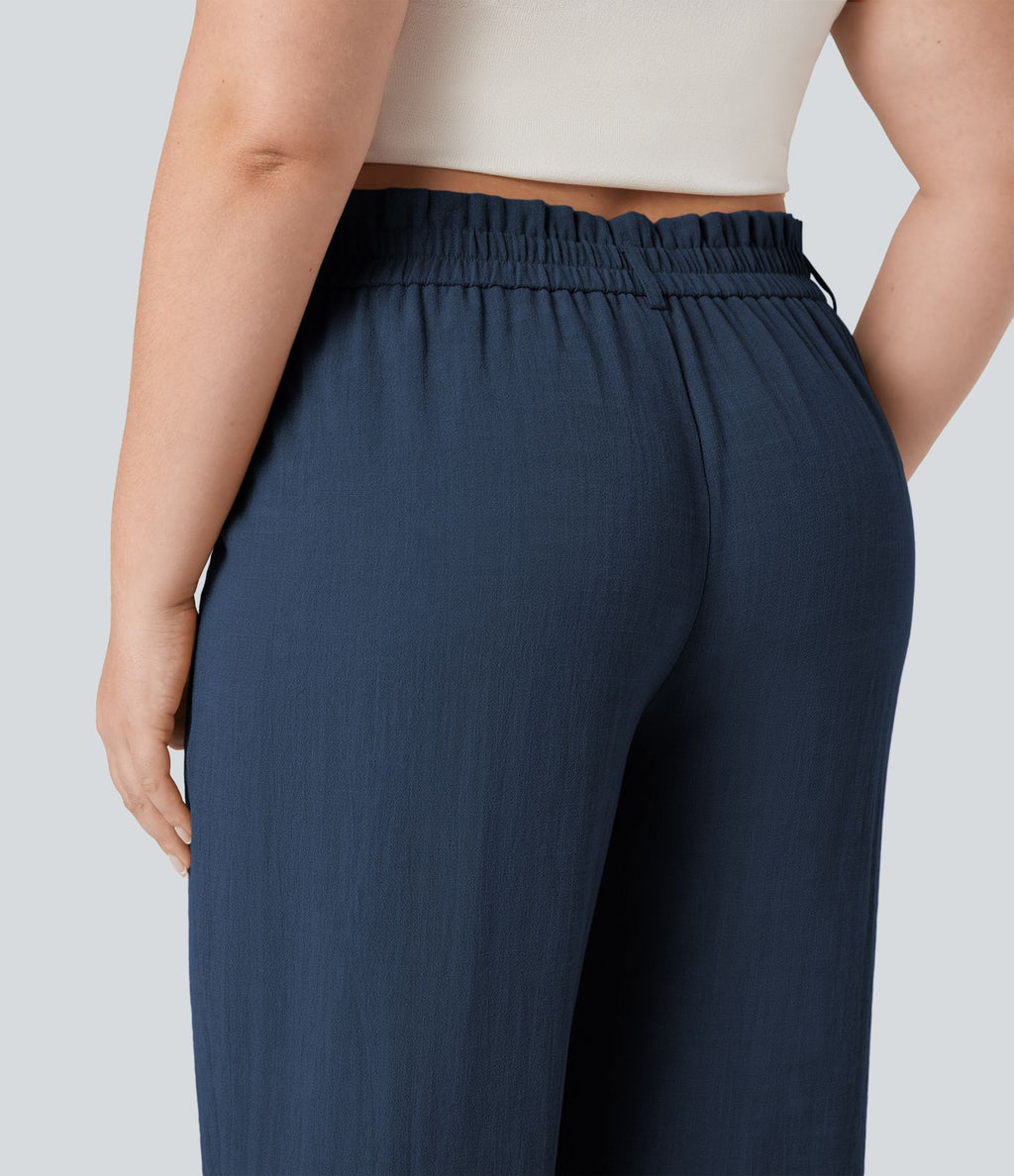 Pantalon de villégiature capri effet lin, grande taille, taille haute, avec poches