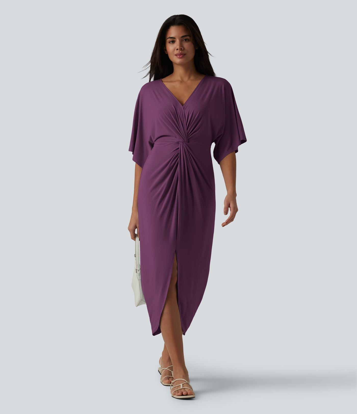 Robe midi col V manches chauve-souris ourlet tulipe torsadé