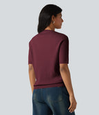Pull col rond manches courtes en tissu gaufré