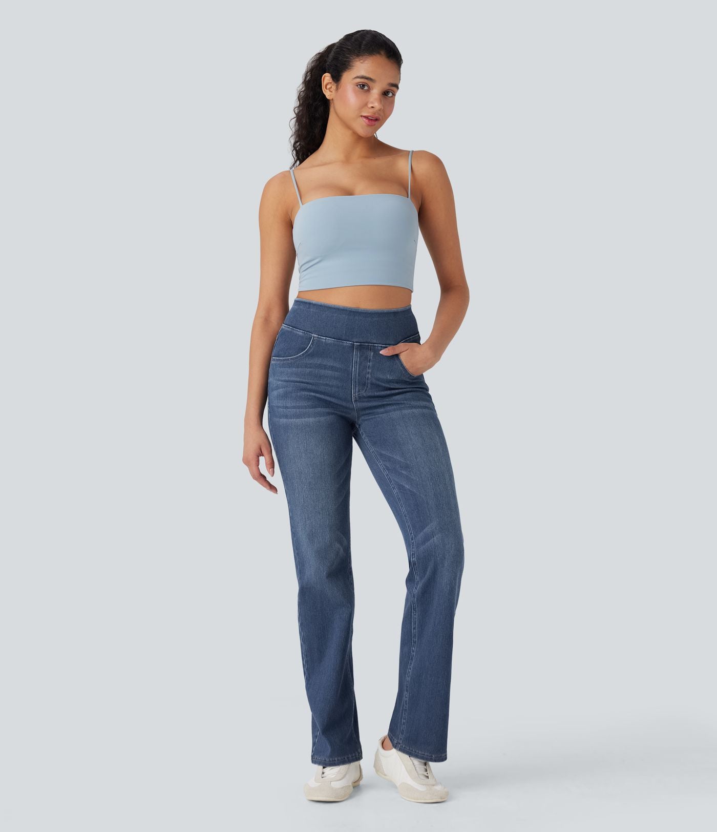 Halara Flex™ Jean évasé casual délavé taille haute gainant avec poches