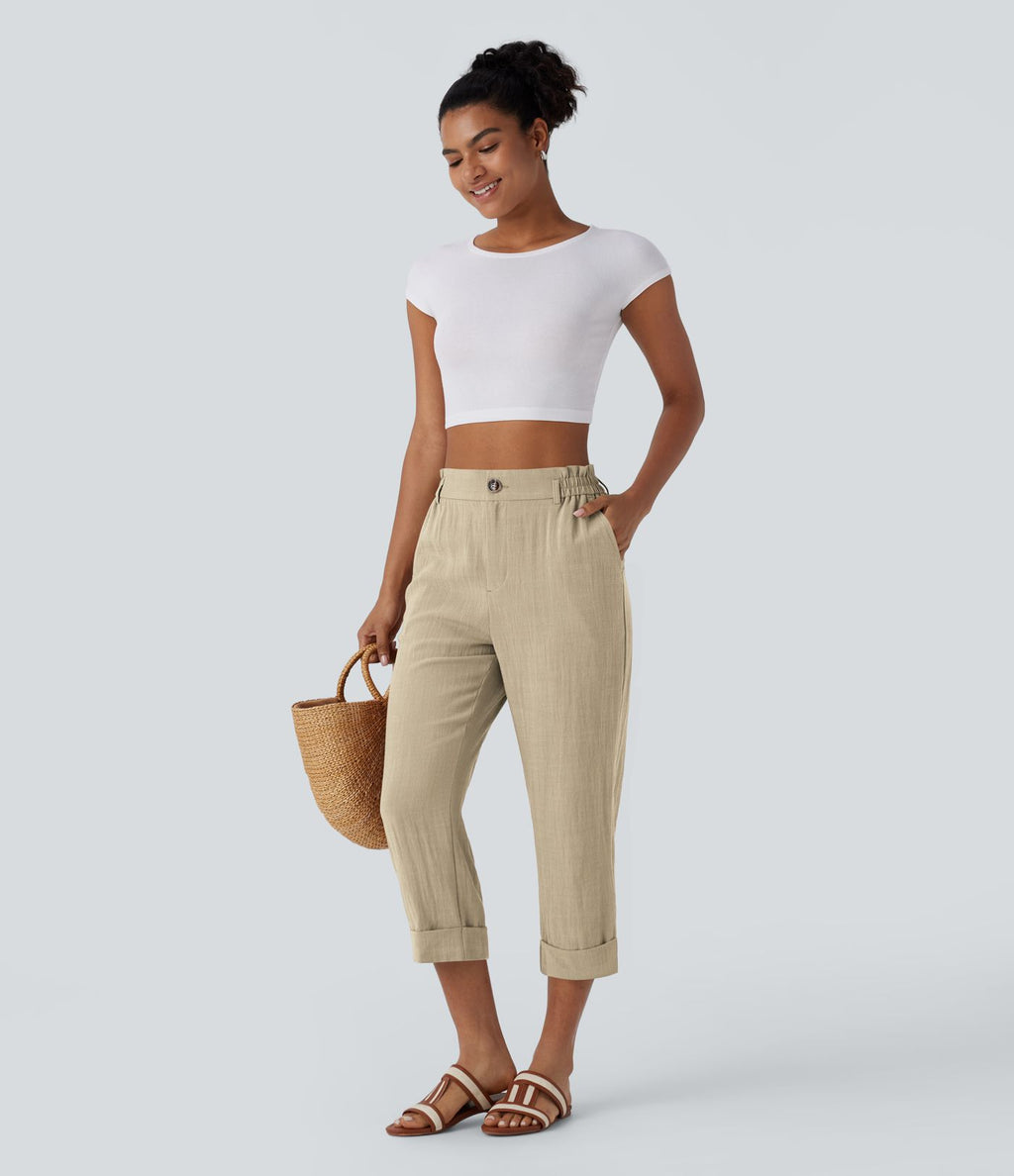 Pantalon capri effet lin taille haute avec poches zippées