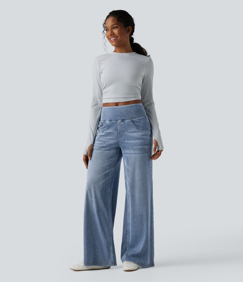 Halara Flex™ Jean large casual baggy taille mi-haute en lyocell drapé effet délavé, avec poches