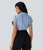 Chemise à col, manches courtes, rayures, boutonnage et aspect lin pour le travail