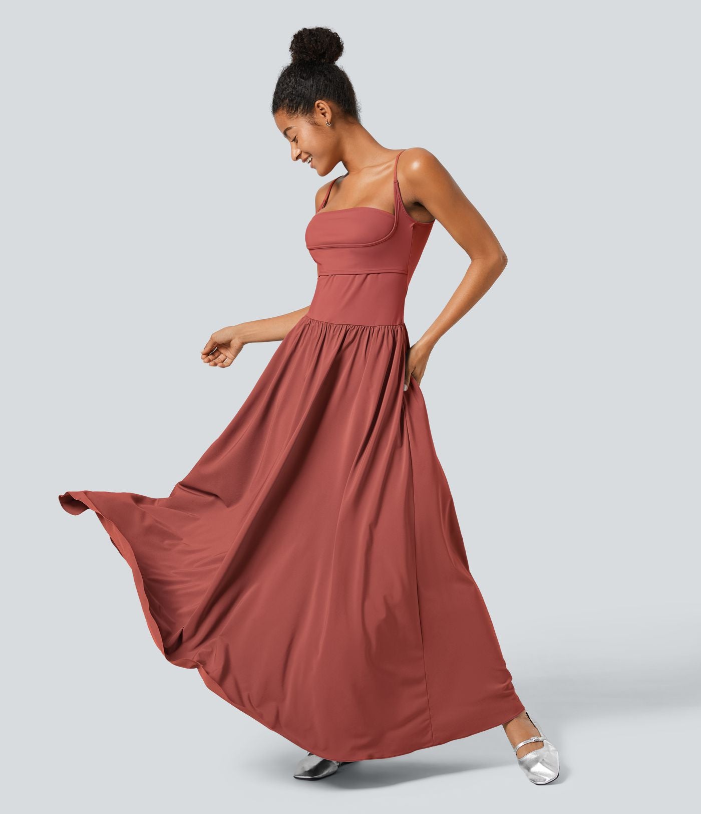 Breezeful™ Robe Débardeur Casual Dos Nu Poches Latérales Plissée Évasée Longue Séchage Rapide