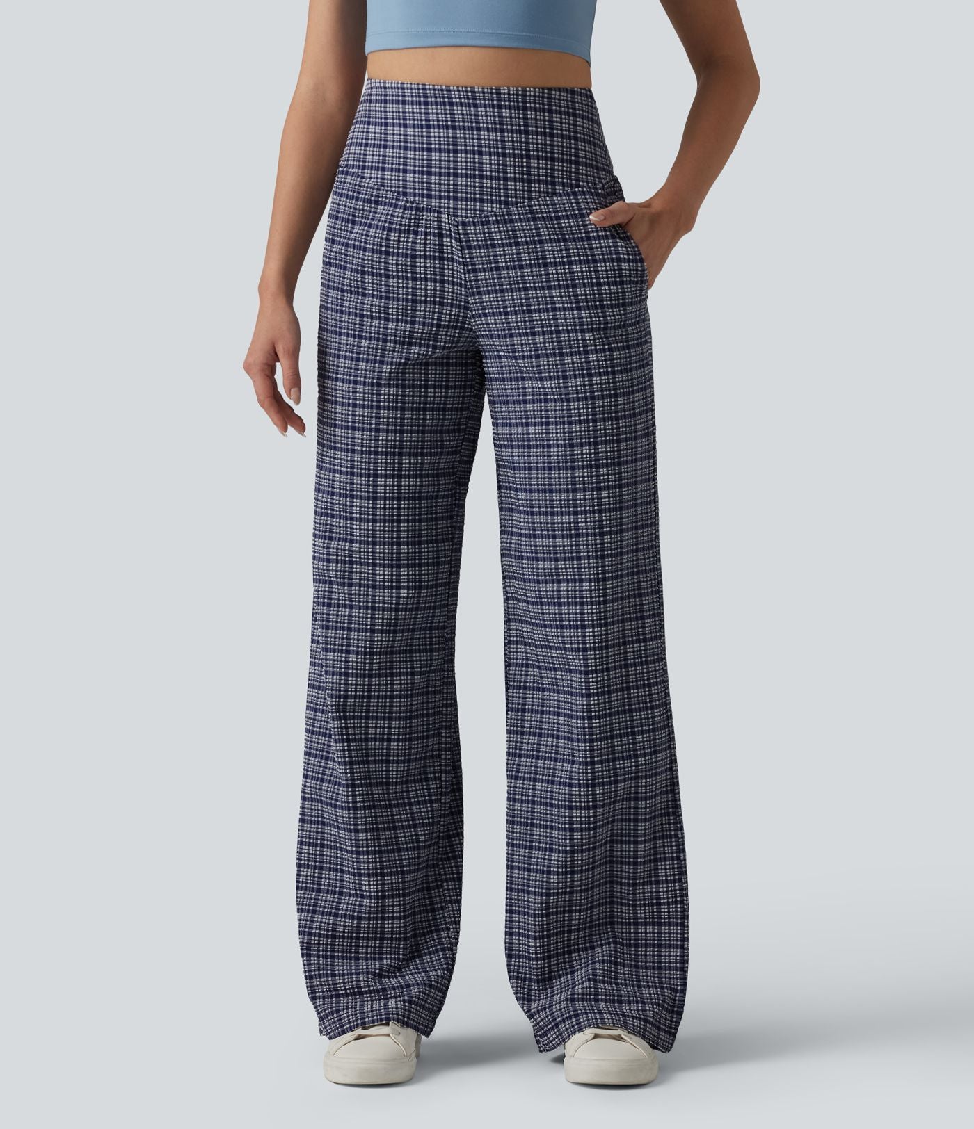 Pantalon large taille haute ventre plat à carreaux en tissu froissé séchage rapide avec poches