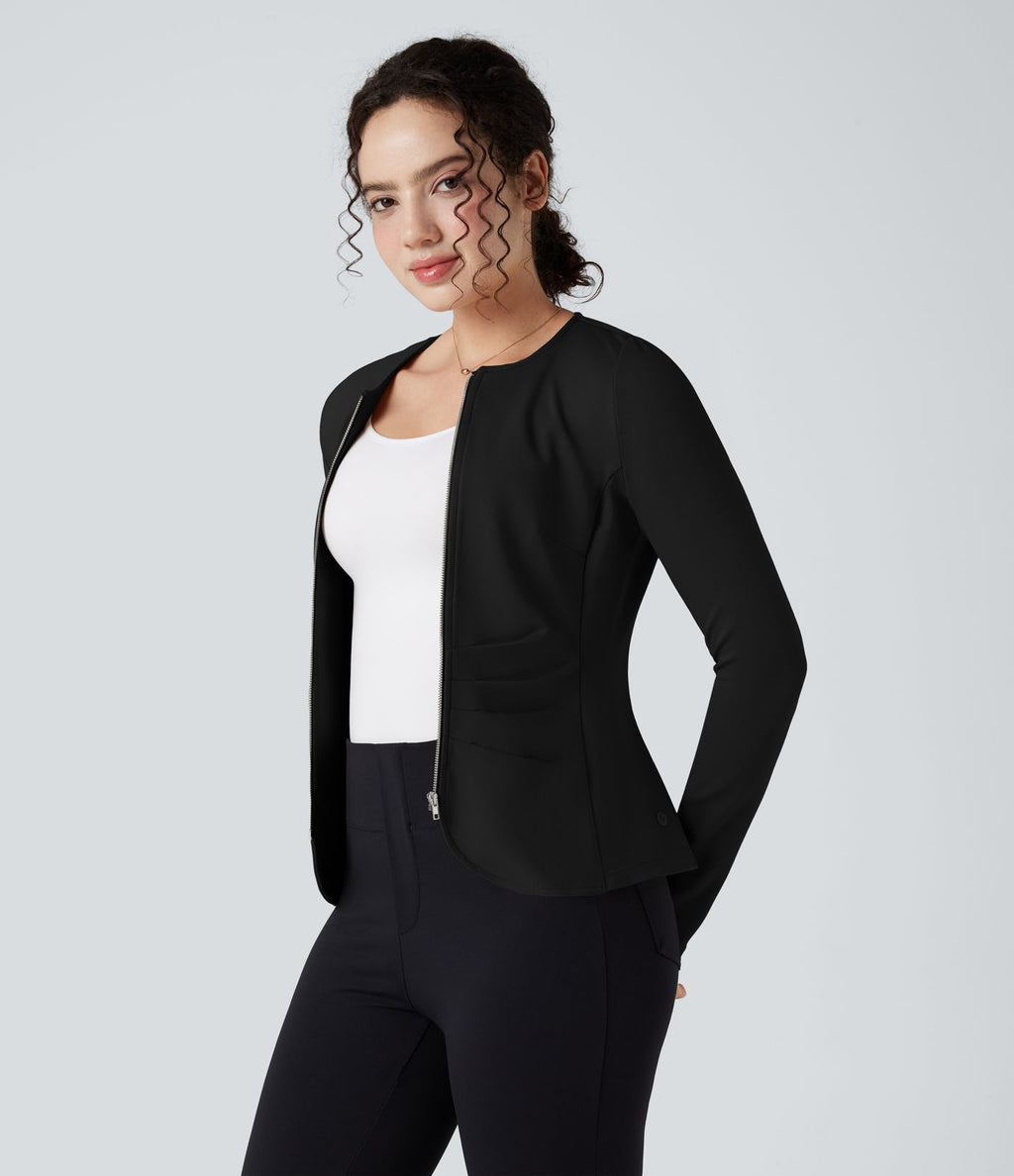 Blazer de travail col rond froncé zippé à manches longues