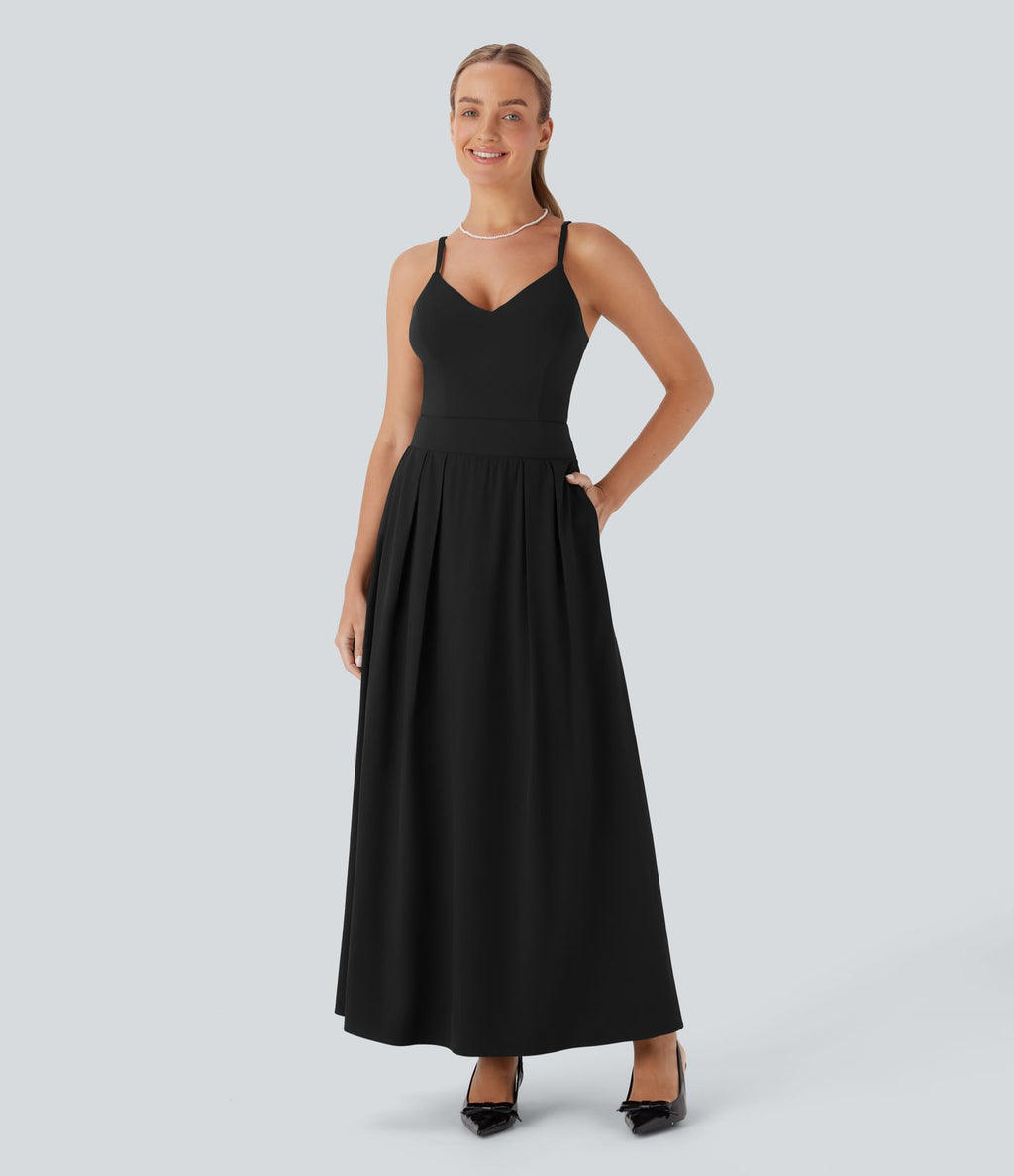 Robe longue fourreau Breezeful™ à dos nu, poches latérales, fluide et séchage rapide pour demoiselle d'honneur et invitée de mariage