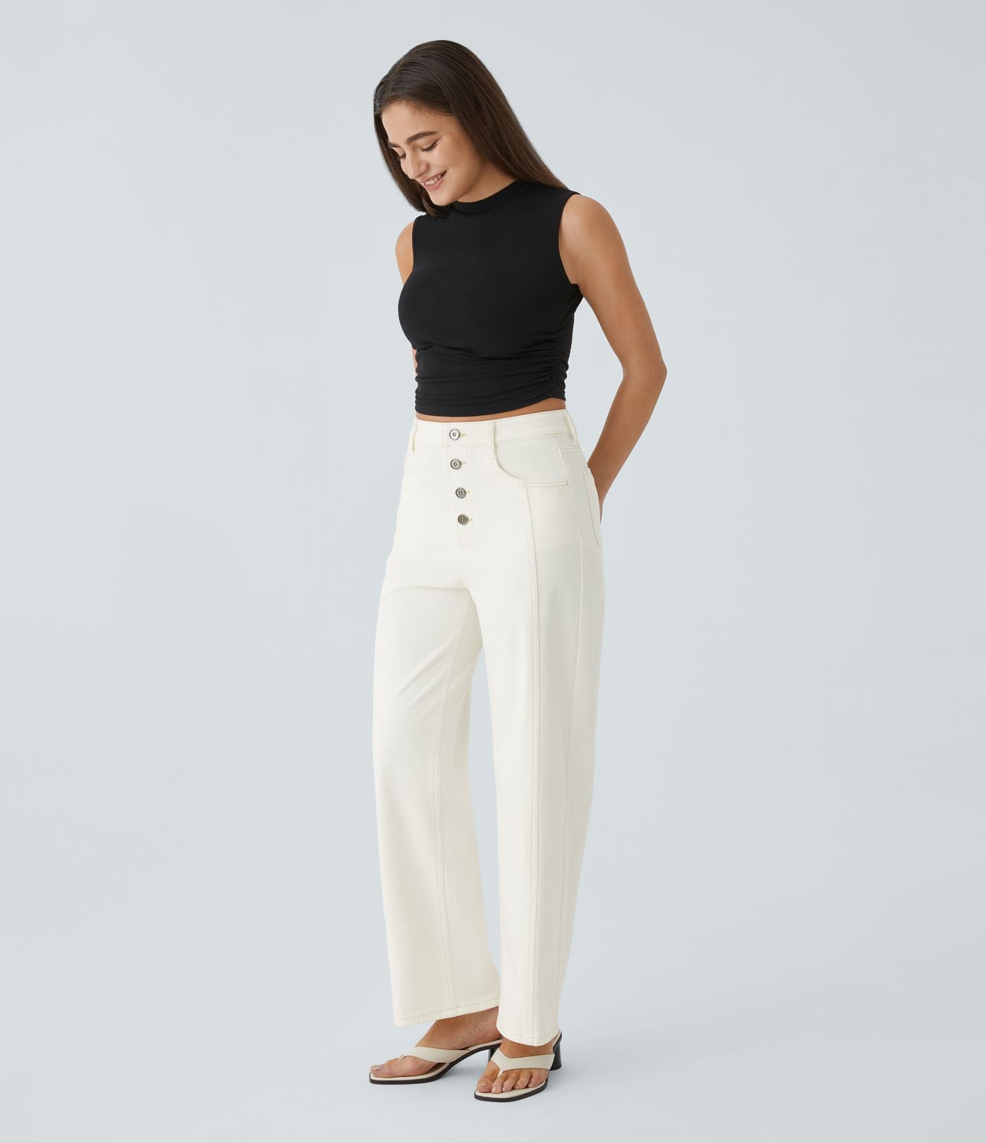 Jean Droit Casual Style Boyfriend Tricot Extensible Droite Taille Haute Avec Boutons Décoratifs Poches Multiples