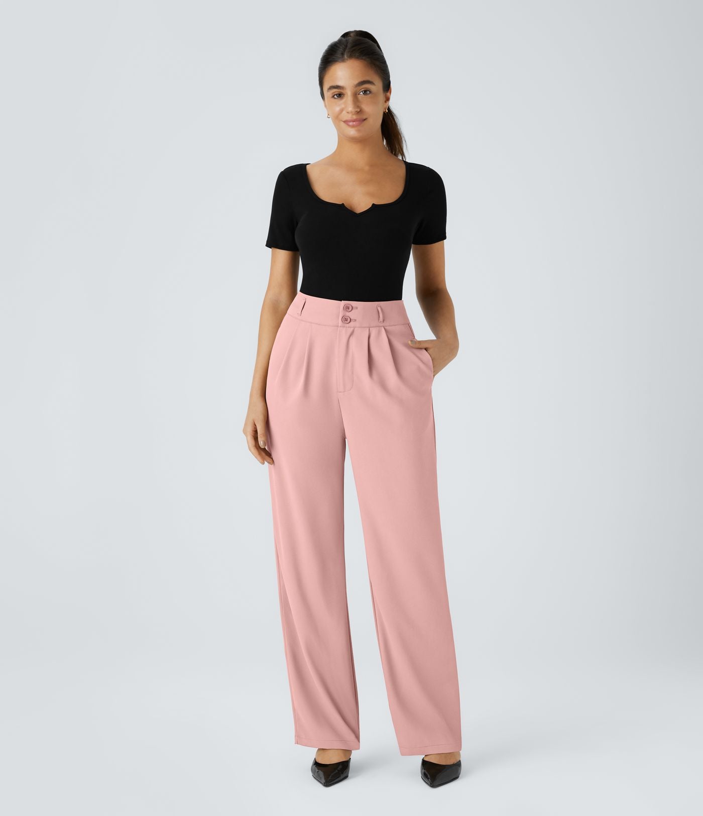 Pantalon de travail Halara Flex™ droit froncé avec poche zippée, taille haute