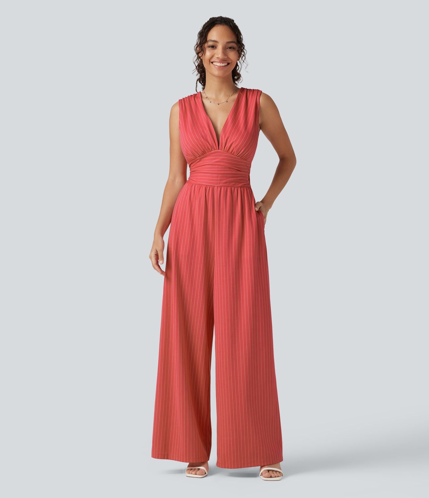 Combinaison tailleur col V sans manches à rayures et fronces avec poches - Easy Peasy