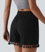 Short ample de vacances en mélange de lin taille haute avec cordon de serrage et ourlet à franges à poches