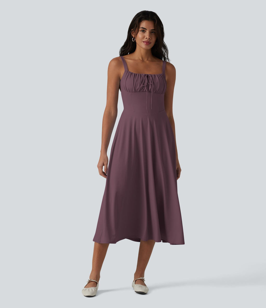 Robe fluide midi de villégiature sans manches, encolure carrée, dos nu croisé, fronces et soutien-gorge intégré