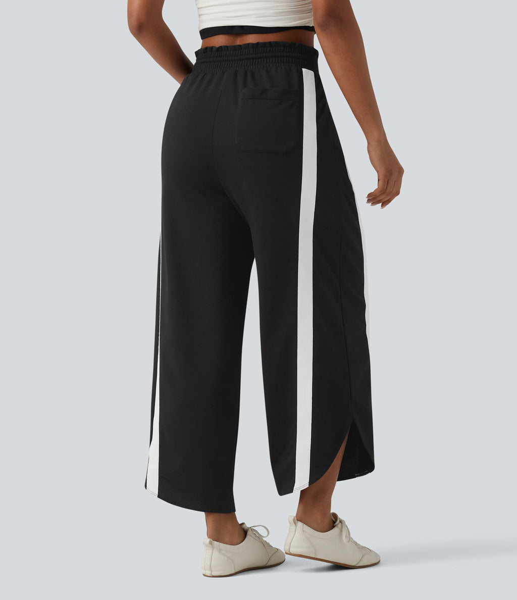 Pantalon de jogging casual large color block taille haute avec cordon de serrage, ourlet courbe et poches