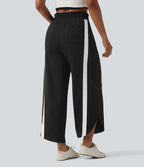 Pantalon de jogging casual large color block taille haute avec cordon de serrage, ourlet courbe et poches