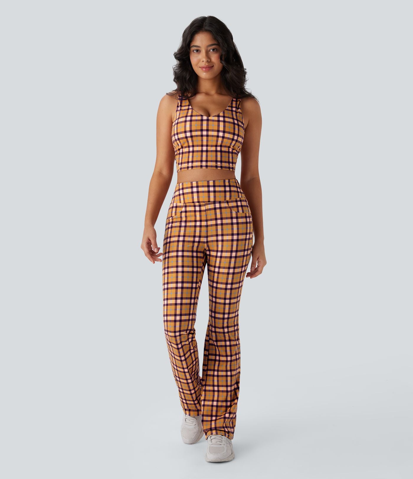 Pantalon décontracté bootcut à carreaux cool touch, taille haute, avec poches