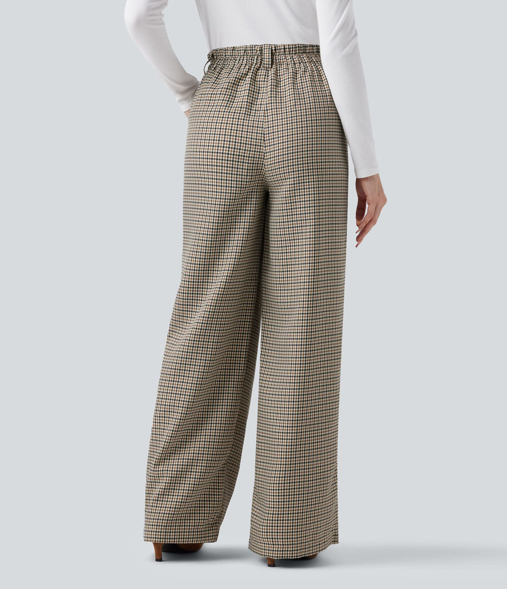 Pantalon tailleur ample taille haute à carreaux avec poches