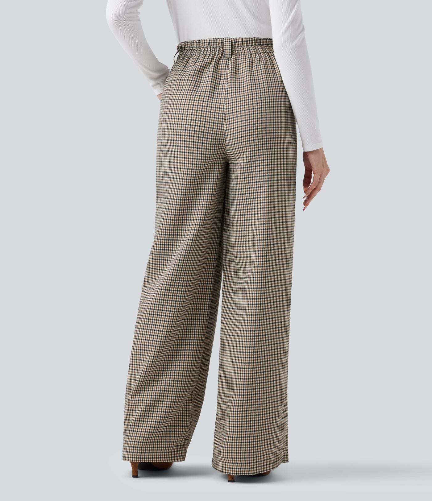 Pantalon tailleur ample taille haute à carreaux avec poches