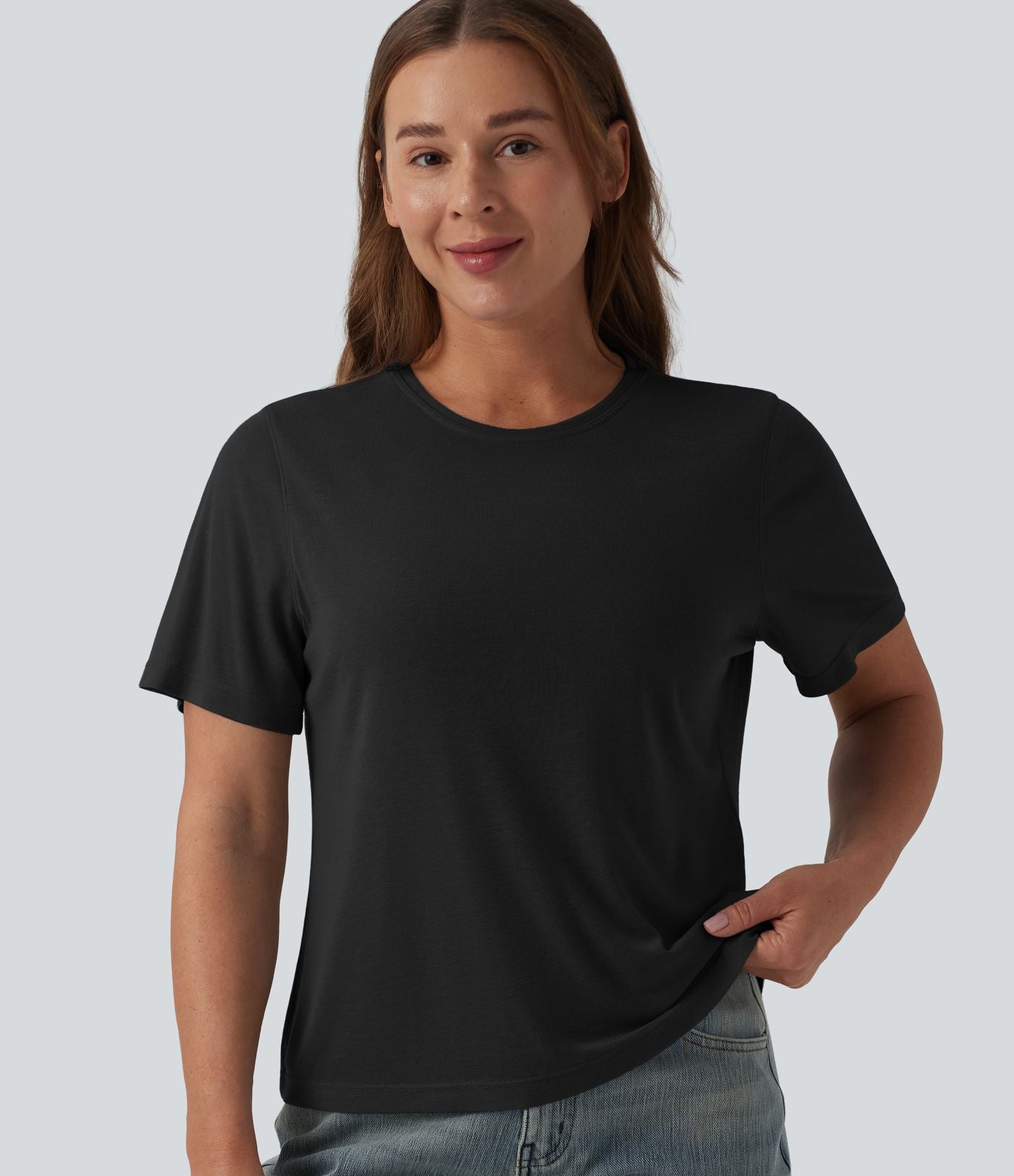 T-shirt décontracté ample à col rond et manches courtes en laine mélangée