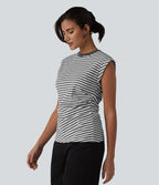 T-shirt casual en maille côtelée rayé col rond à manches courtes