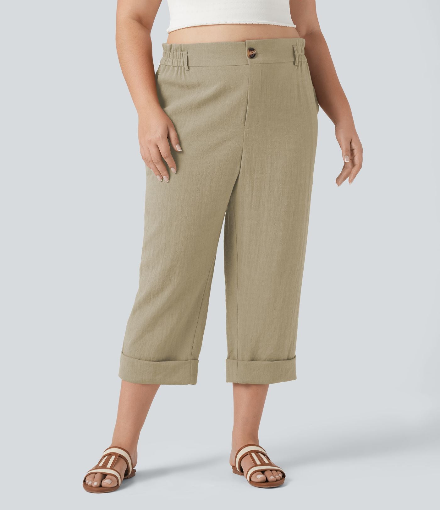 Pantalon de villégiature capri effet lin, grande taille, taille haute, avec poches
