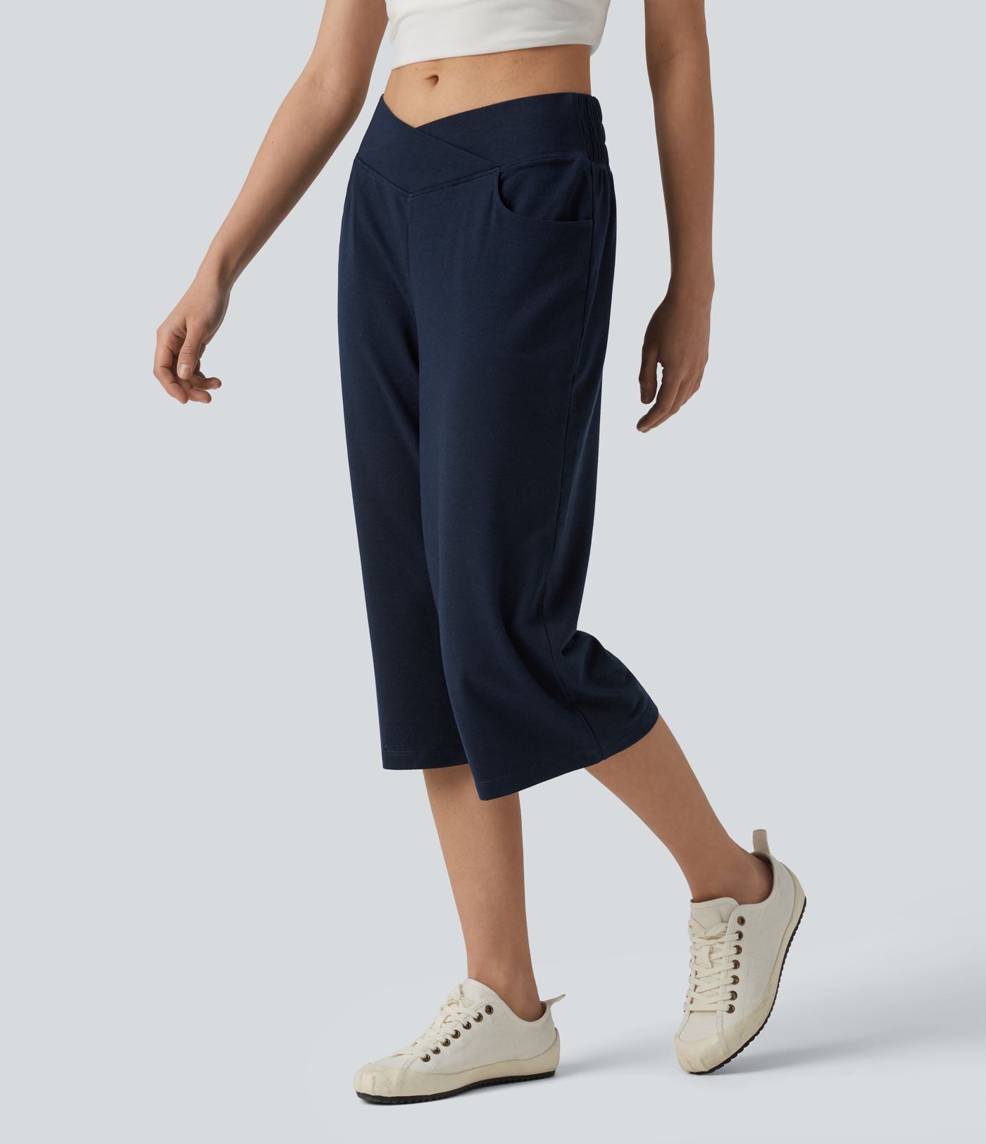 Pantalon casual capri large croisé taille mi-haute avec poches