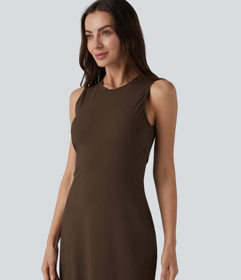 Robe midi moulante décontractée côtelée à col rond sans manches avec soutien-gorge intégré